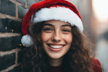 A joyful young woman wearing a Santa hat stands against a brick wall, spreading holiday cheer during the festive season