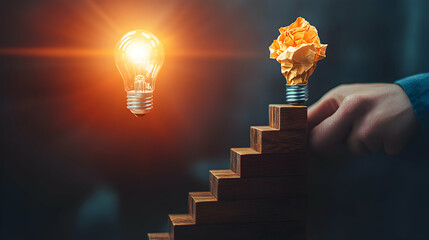 Wall Mural - A hand placing a crumpled paper lightbulb atop a wooden staircase, with a glowing lightbulb hovering above.