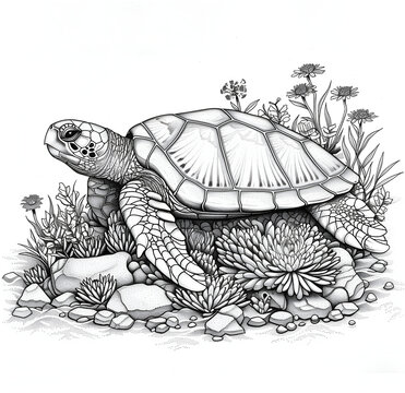 sea turtle coloring page, a simple line art drawing of the head and body in side view, with the legs and shell in more detail, and some rocks and plants on the bottom, against a white background