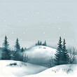 © Anuson - snow-covered hills with evergreen trees, set against the backdrop of a gray sky and falling snowflakes.
