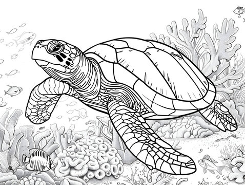 sea turtle coloring page, a simple line art drawing of the head and body in side view, with the legs and shell in more detail, and some rocks and plants on the bottom, against a white background