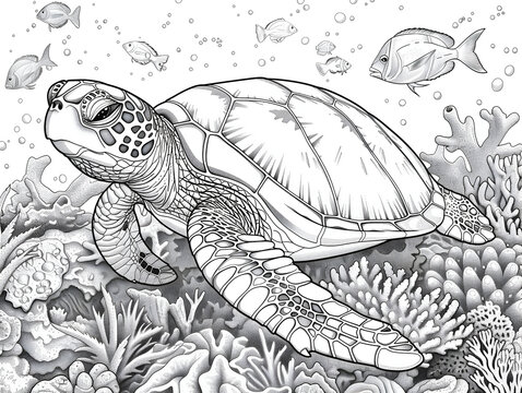 sea turtle coloring page, a simple line art drawing of the head and body in side view, with the legs and shell in more detail, and some rocks and plants on the bottom, against a white background