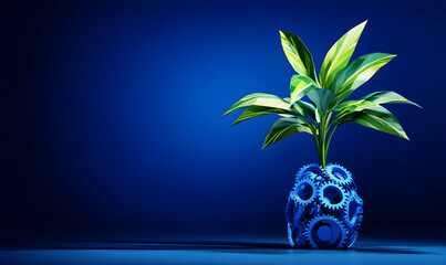 Canvas Print - A green plant sprouts from a cluster of blue gears against a dark blue background, symbolizing innovation and growth.