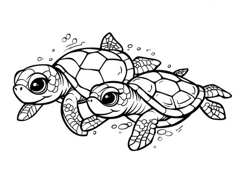 sea turtle coloring page, a simple line art drawing of the head and body in side view, with the legs and shell in more detail, and some rocks and plants on the bottom, against a white background