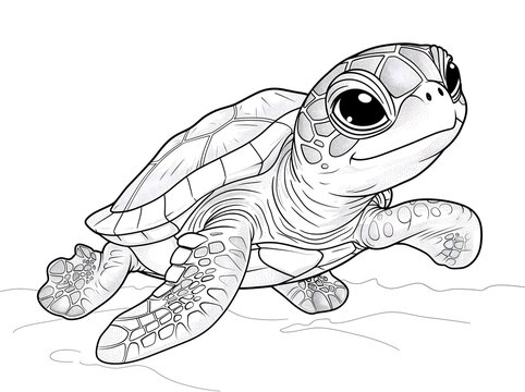 sea turtle coloring page, a simple line art drawing of the head and body in side view, with the legs and shell in more detail, and some rocks and plants on the bottom, against a white background