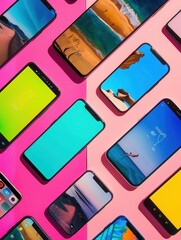 Aufkleber - Various smartphones showcase bright stories and short videos on their screens against a striking pink backdrop, exploring digital media. Generative AI