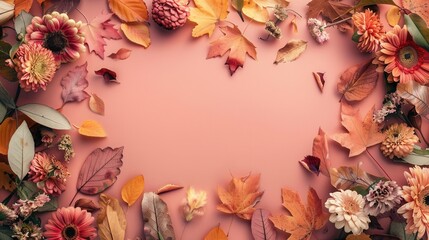 Poster - A beautiful arrangement of autumn leaves and colorful flowers showcases warm tones, bringing seasonal charm to any setting. Generative AI