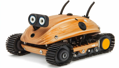 A small, wooden robot with black treads and a yellow button on the side. It has two large, blue eyes and two antennae.