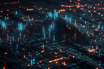 Wall Mural - Abstract digital city with glowing lines and lights.