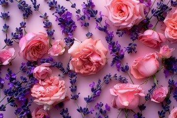 Wall Mural - A harmonious blend of pink roses and lavender creates an enchanting floral display on a gentle pastel surface, evoking tranquility. Generative AI