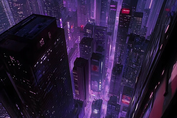 Sticker - An aerial view of a city at night with purple lighting and skyscrapers.