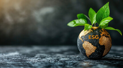 ESG concept with globe and green leaves symbolizing environmental sustainability and global responsibility.