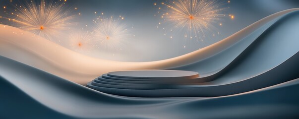 Wall Mural - conceptual 3d platform with abstract fireworks and ribbons surrounding it, representing a joyful cel