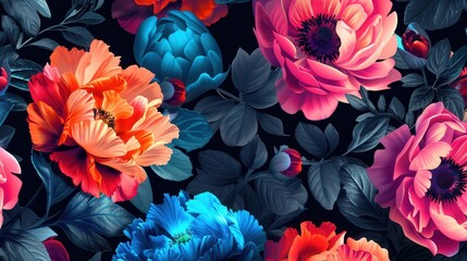 Wall Mural - The arrangement showcases an array of large, vibrant flowers in diverse colors set against a deep black background, enhancing their beauty. Generative AI