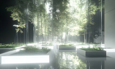 Wall Mural - A glowing path through a bamboo forest, illuminated by bright light.