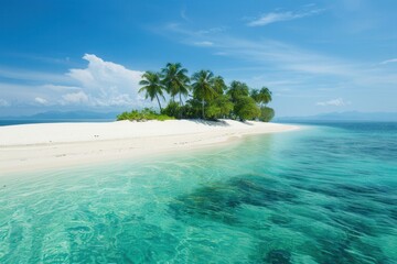 Poster - A serene island featuring soft white sand, swaying palm trees, and clear turquoise waters inviting relaxation and exploration. Generative AI