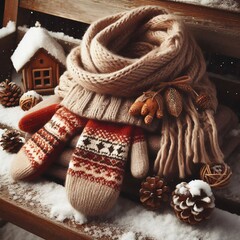 Wall Mural - Warm scarf and mittens resting on a wooden bench in the snow