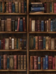 Fototapete - The wooden shelves display an extensive collection of textbooks and academic literature, perfect for students and researchers alike. Generative AI