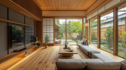 Japandi interior design living space with open layout and seamless flow between rooms 