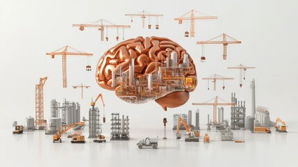 A steel brain symbolizing AI, surrounded by industrial factories and construction vehicles, hyper-realistic on white