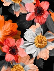 Poster - Bright and bold flowers bloom in hues of orange, pink, and white, creating a striking contrast against the dark background. Generative AI