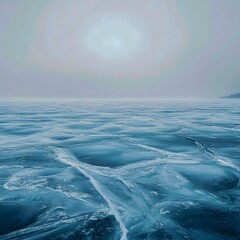 A frozen lake in the midst of a powerful blizzard. The surface of the lake is covered in snow and ice, large snowdrifts across the ice. The horizon is barely visible and grey