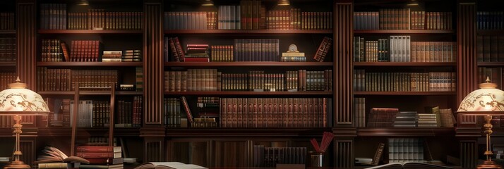 Fototapete - A collection of wooden shelves filled with various textbooks and academic literature, softly illuminated in a reading space. Generative AI