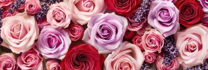 Leinwandbilder - A colorful blend of roses and lavender blooms beautifully arranged, showcasing their vibrant colors and delicate textures. Generative AI