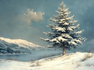 Wall Mural - fir tree adorned with snow-covered branches, standing tall against a crisp winter backdrop, embodying the beauty of nature and the tranquility of a snowy landscape