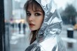 © InfiniteStudio - A young woman in a trendy transparent silver raincoat stands on a rainy city street, capturing the essence of urban fashion on a wet day