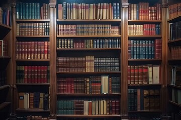Fototapete - Rows of wooden shelves hold numerous textbooks and scholarly literature, creating an inviting atmosphere for study and research. Generative AI