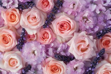 Aufkleber - Soft pink roses and delicate lavender create a stunning pattern, perfect for adding a tranquil touch to any floral arrangement. Generative AI