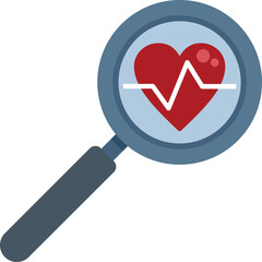 Poster - magnifying glass is focusing on a heart with a heartbeat line, representing a thorough medical exami
