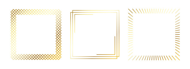 Poster - Golden thin frame set. Gold square borders in art deco style. Thin linear radiance rectangular element collection. Yellow glowing shiny boarder pack. Vector bundle for photo, cadre, poster, card 