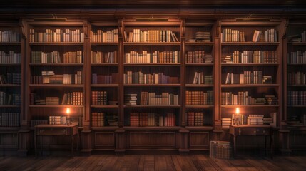 Fototapete - Wooden shelves display an extensive collection of textbooks and academic literature, illuminated softly by warm, ambient lighting. Generative AI