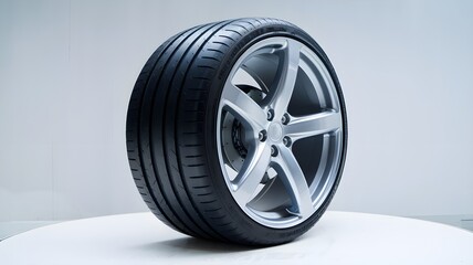 Close up Shot of a Sleek and Modern Automotive Tire on a White Background