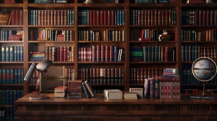 Aufkleber - Wooden shelves are lined with numerous textbooks and academic literature, creating a warm and scholarly atmosphere in the study. Generative AI