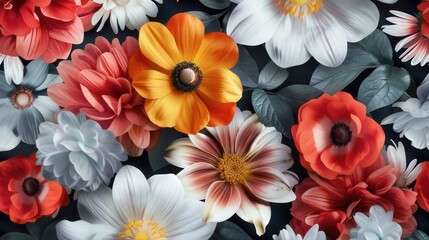 Poster - A stunning arrangement of large, bright flowers in various colors set against a dark black background, enhancing their vivid details. Generative AI