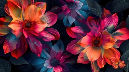 Poster - The bright, large flowers against deep green leaves on a black background create a bold visual impact. Generative AI