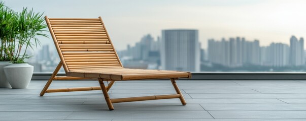 Wooden lounge chair on a balcony with a city view, perfect for relaxation.