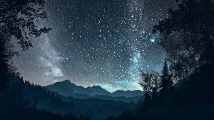 Wall Mural - A starry night sky over a mountain range