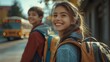 © Surasak-Art - Smiling students with backpacks waiting for the school bus in the morning