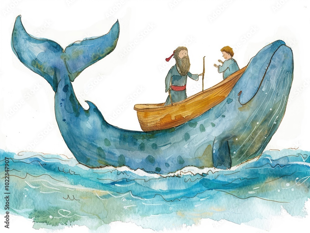 Watercolor illustration of Jonah and the whale depicted in a playful ...