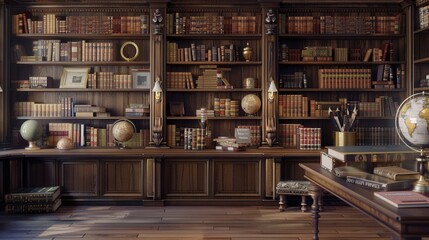 Aufkleber - Wooden shelves are lined with various textbooks and academic literature, creating an inviting atmosphere for reading and studying. Generative AI