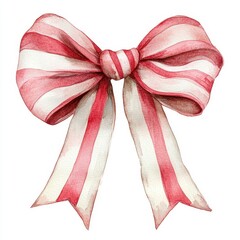 ** Elegant Red and White Striped Watercolor Bow Illustration on White Background for Festive and Decorative Designs..**