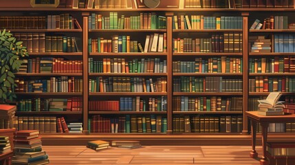 Poster - Wooden shelves are lined with various textbooks and academic literature, creating an inviting space for study and exploration. Generative AI