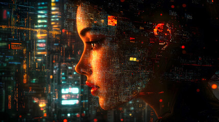 Poster - Futuristic Profile with Neon City Background