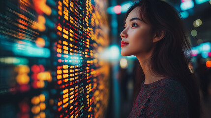 Poster - A woman is looking at a computer screen with a lot of numbers on it. She is wearing red lipstick and has a serious expression on her face