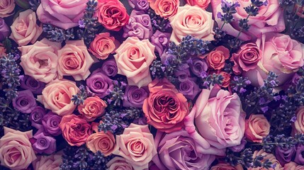 Aufkleber - Roses in various shades blend beautifully with lavender blooms, creating a stunning visual display ideal for celebrations or décor. Generative AI