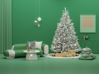 Christmas composition of cozy, modern living room interior with christmas tree, poster frame, gifts, wooden coffee table, green armchair on deep green background. Home decor. Template.